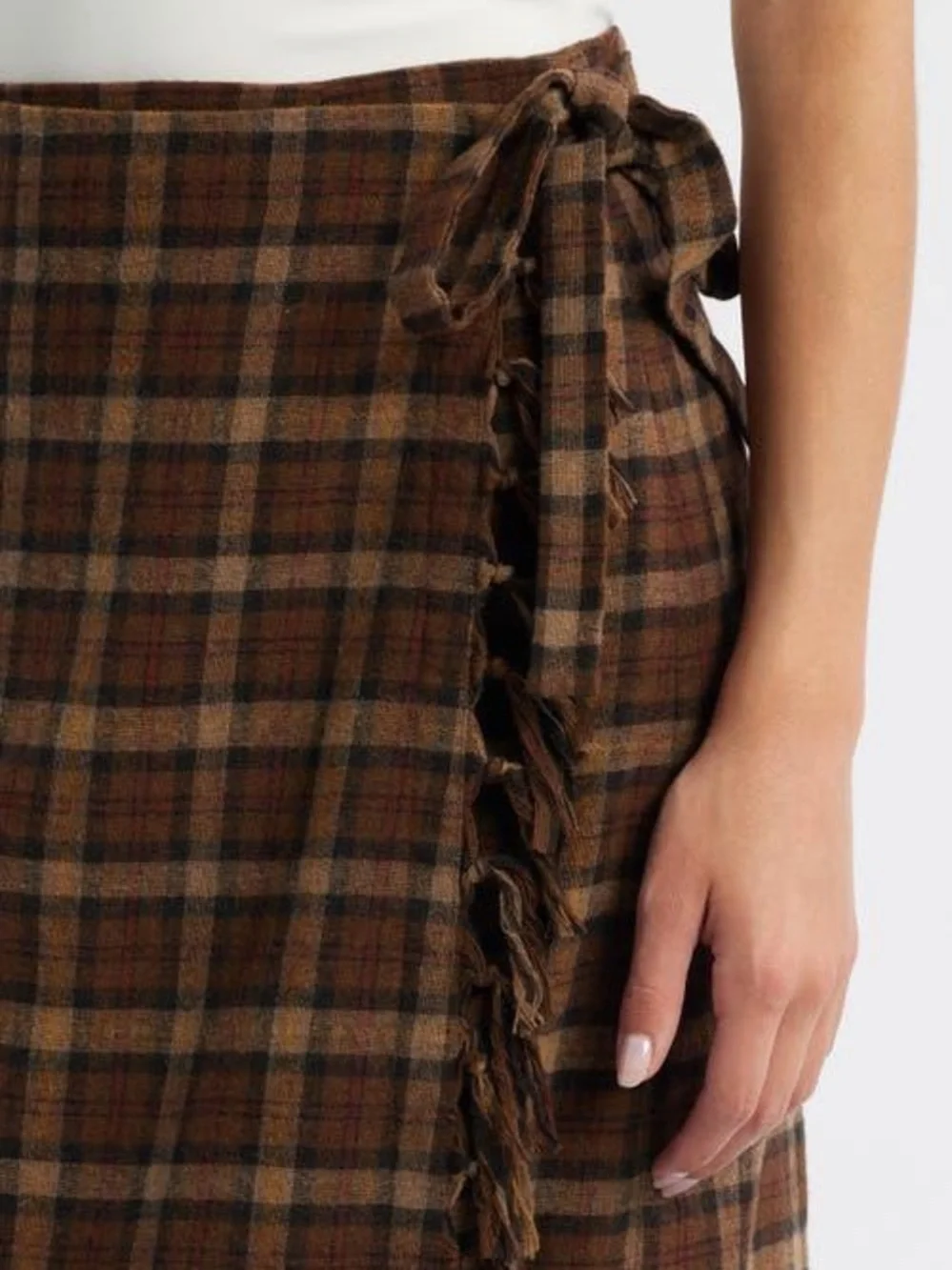 NWT Saskia Brown Wool Plaid Fringe Midi Skirt - Doen Heirloom - Picture 6 of 6